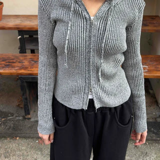 Daily Ribbed Hooded Crop Zip-Up Knit