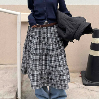 Vintage Frill Tiered Check Long Skirt