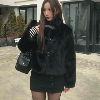 Black fur high-neck belted short jacket