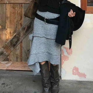 Melting Shearling Frill Asymmetrical Knit Skirt