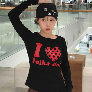I Love Heart Dot Graphic Slim Fit Round Neck Long Sleeve T-shirt