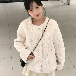 Collarless Boucle Teddy Short Jacket
