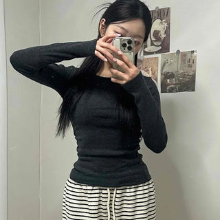 Slim Shirred Round Neck Ribbed Long Sleeve T-shirt