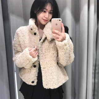 High-Neck Button Fluffy Texture Shearling Jacket