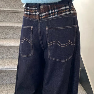 Check Poke Non-Fade Wide Denim Pants (Fleece-Lined)