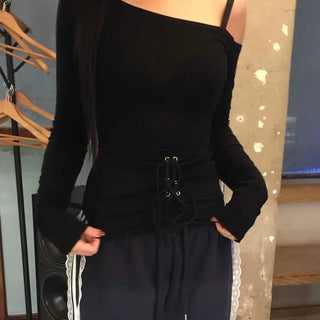 Off-shoulder slim fit lace-up long sleeve tee