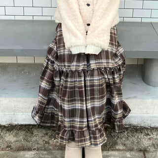 Shirred Frill Tiered Check Flare Long Skirt