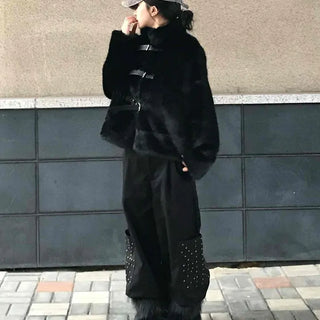 Chic Mood Hairy Belted Duffle Fur Coat
