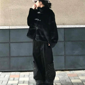 Chic Mood Hairy Belted Duffle Fur Coat
