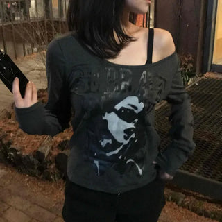 Off-shoulder Vintage Print Loose Fit Long Sleeve T-shirt
