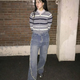 Vintage Washed Wave Tassel Trimmed Denim Pants