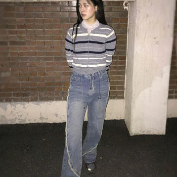 Vintage Washed Wave Tassel Trimmed Denim Pants
