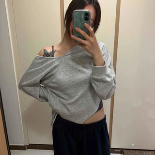 Off-shoulder Crop Loose Fit Fleece-lined Sweatshirt