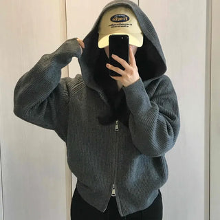 Oversized Ribbed Hooded Zip-Up Cardigan