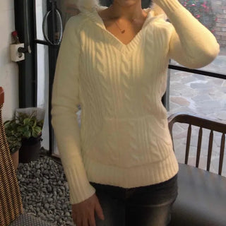 Soft Cozy Fit V-Neck Fur Hood Cable Knit