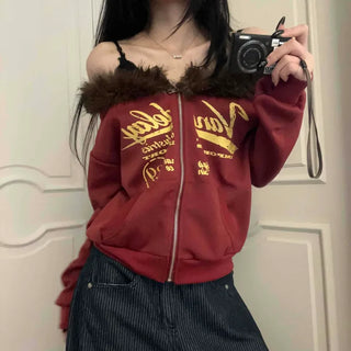 Fur Collar Embroidered Patch Oversized Zip-Up Hoodie