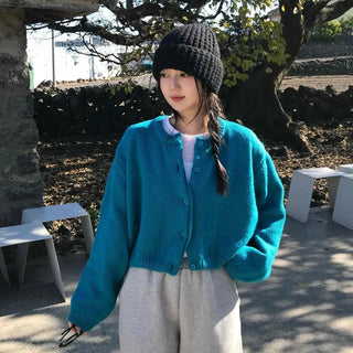 Round Neck Puff Oversized Cropped Button Cardigan