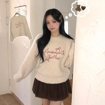 Lovely Mood, Boucle Wool Raglan Round Neck Ribbon Lettering Embroidery Avant-garde Fit Long Sleeve Knit