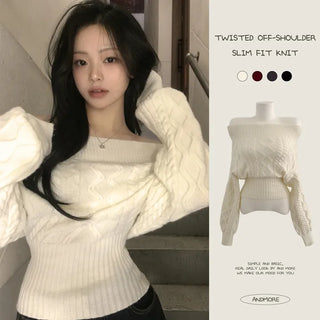 Feminine Mood, Cable Ribbed Off-Shoulder Slim Cinched Fit Thick Long Sleeve Knit