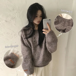 Fluffy~ Thick Wool Henley Neck One-Off Button Sleeve Leather Label Delicate Avant Loose Fit Long Sleeve Knit