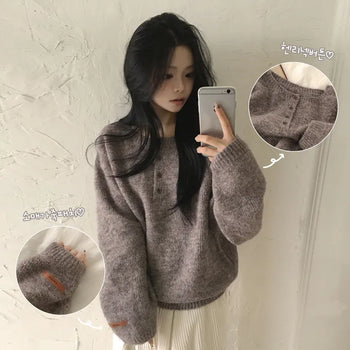 Fluffy~ Thick Wool Henley Neck One-Off Button Sleeve Leather Label Delicate Avant Loose Fit Long Sleeve Knit