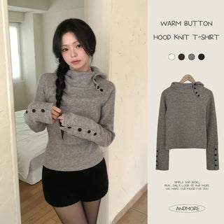 Delicate Slim Fit, Cozy Ribbed High Neck Diagonal Button Turtleneck Hooded Delicate Fit Knit Long Sleeve T-shirt