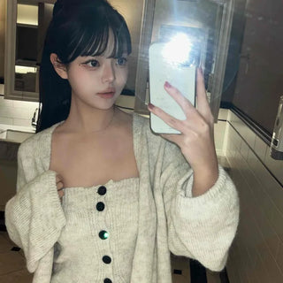 Square Neck Volume Sleeve Balloon Fit Knit Cardigan