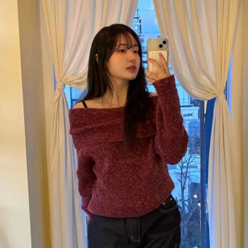 Cozy Texture Roll-Down Slim Fit Off-Shoulder Knit