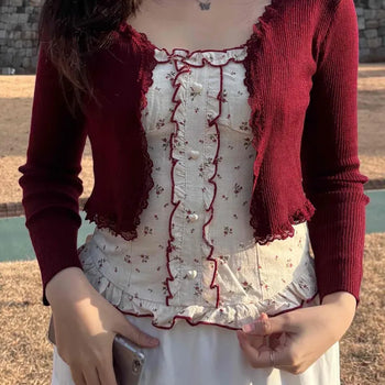 Frill Flower Sleeveless Crop Bolero Cardigan Set