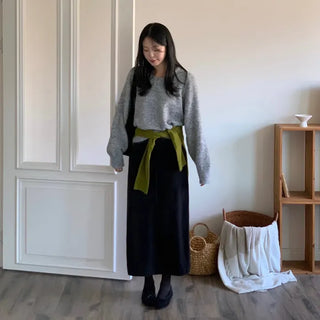 Circular Key Wool Elastic Waist Knit Long Skirt