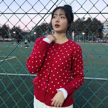 Retro Dot Button Oversized Knit Cardigan