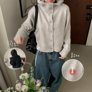 [Oversized Fit/Thick and Cozy] Wool High-Neck Turtleneck Hooded Knit Cardigan