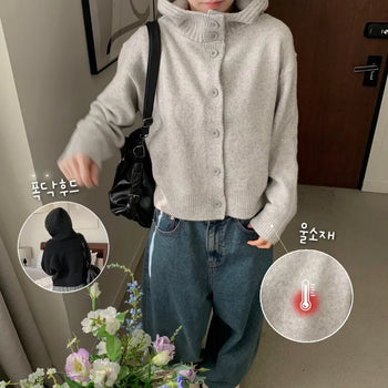 [Oversized Fit/Thick and Cozy] Wool High-Neck Turtleneck Hooded Knit Cardigan