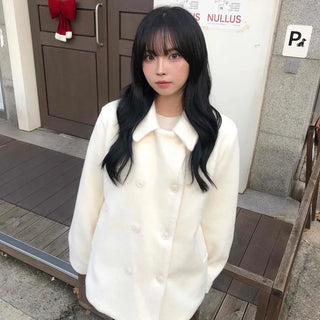 Collared Double-Button Delicate Fit White Midi Coat
