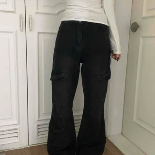 Buckle detail back flap cargo bootcut denim pants