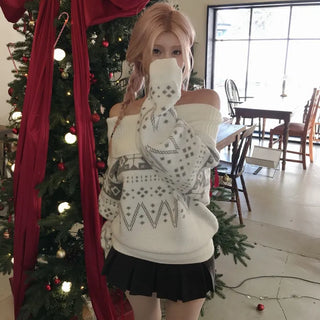 Pale Snowflake Pattern Loose Balloon Off-Shoulder Knit