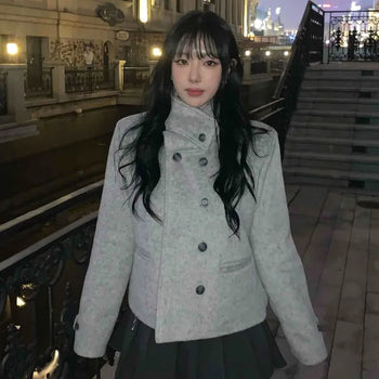 Stand Collar Double Button Wool Coat