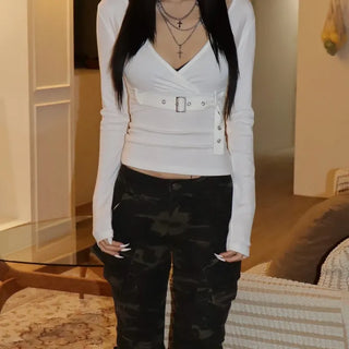 BELT Deep V-Neck Long Sleeve T-Shirt