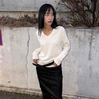 Minimal Sleeve Button Deep V-Neck Loose Fit Knit