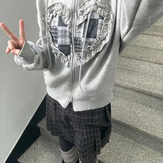 Muffin Brushed Check Frill Heart Zip-up Hoodie (2 colors)