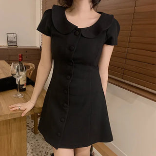 Serena Round Collar Button Mini Dress Slim A-Line Mini Skirt Winter Year-End Look Wedding Guest Look