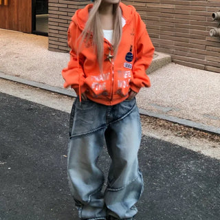 Cubic Lettering Orange Hood Zip-Up