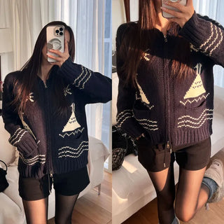 Teple Snowflake Zip-up Cardigan [20% Wool]