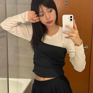 Contrast Polka Dot Balloon Sleeve Crop Long Sleeve T-shirt