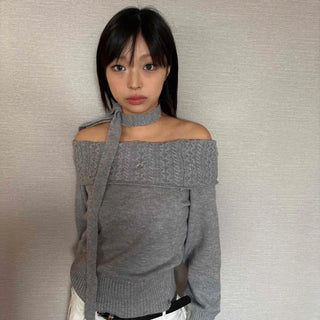 Off-shoulder Choker Cable Knit