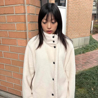 Relaxed Fleece Single Stand Neck Midi Coat