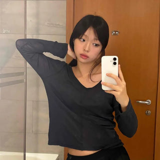 Modern Square Neck Cropped Slim Fit Long Sleeve T-shirt