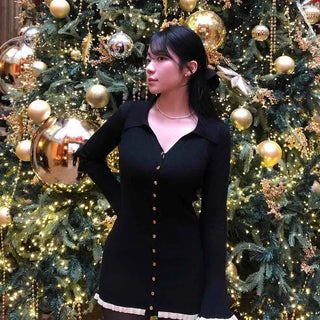 V-neck gold button-line office formal knit dress