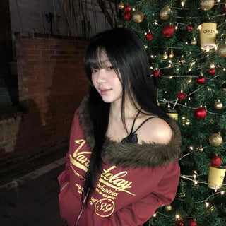 Gold Lettering Fur Trimmed Off-Shoulder Sweatshirt