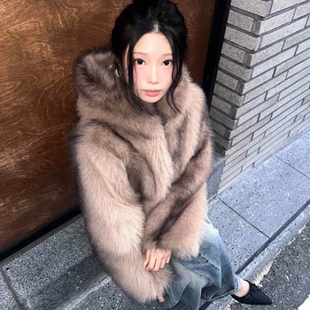 Fluffy oversized cropped hooded fur jacket
